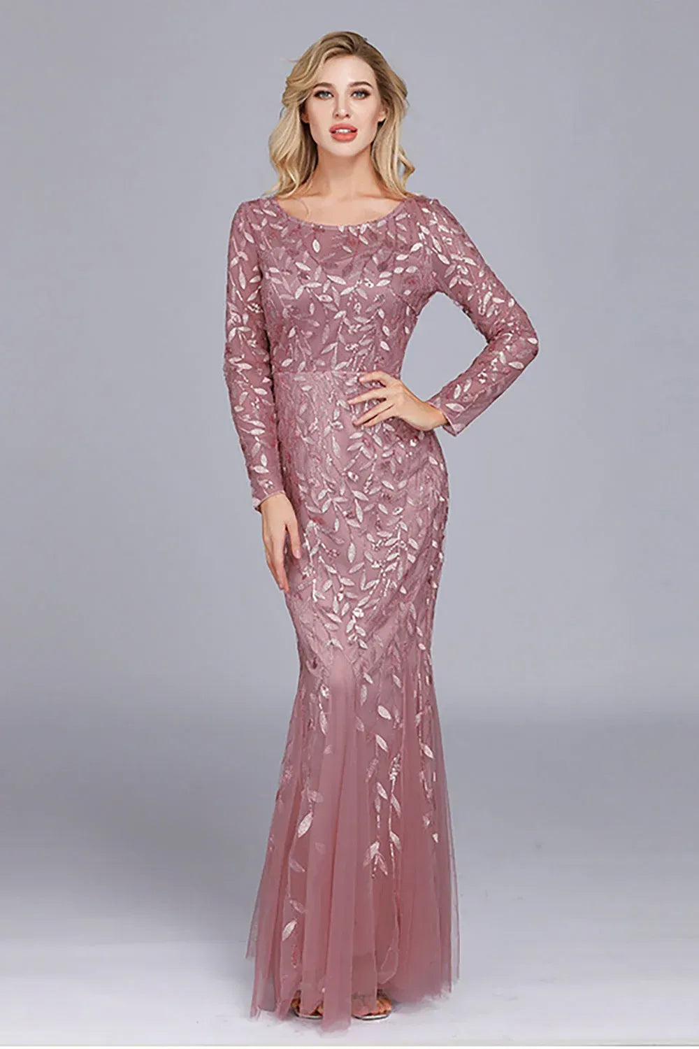 Radiant Tulle Mermaid Scoop-Neck Long-Sleeve High-Back Floor-Length Evening Dress