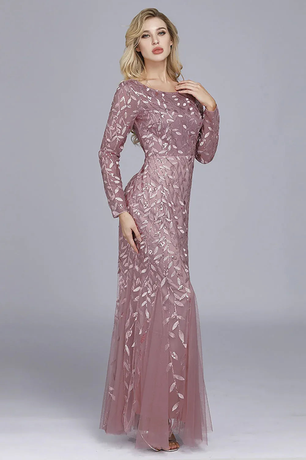 Radiant Tulle Mermaid Scoop-Neck Long-Sleeve High-Back Floor-Length Evening Dress