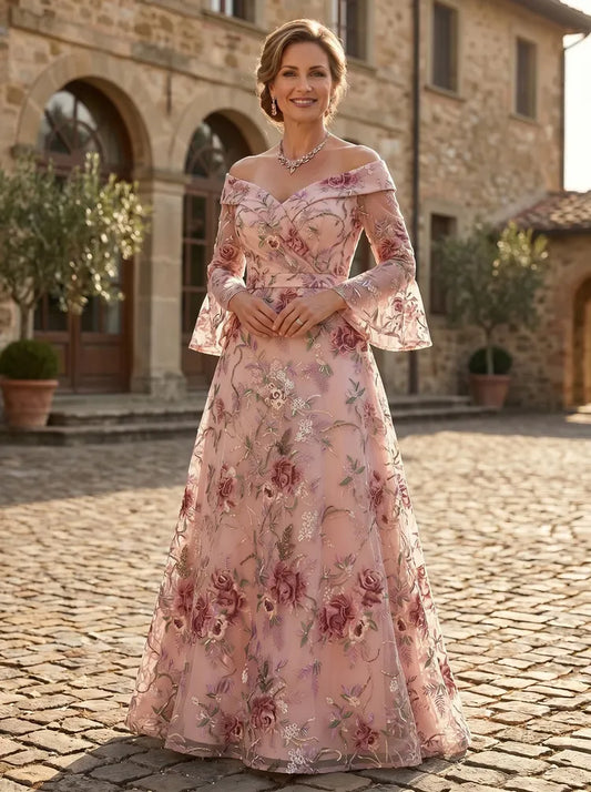 Loverlm dusty rose Mother of the Bride dress with off-shoulder neckline flare sleeves floral embroidery and floor-length A-line skirt
