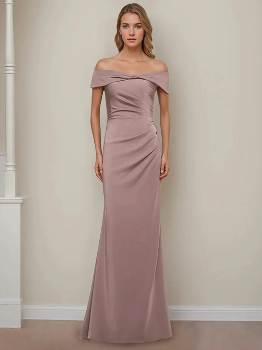 Front view of Loverlm dusty rose off-shoulder bridesmaid dress with wrap neckline, ruched waist and floor-length trumpet silhouette