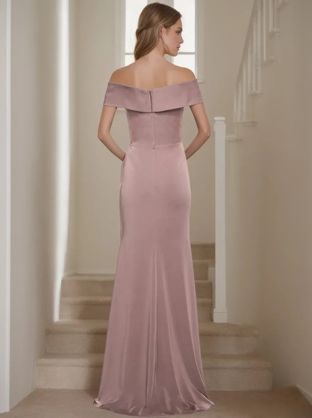 Elegant Trumpet Off-Shoulder Short-Sleeve Zipper-Back Floor-Length Wedding Guest Dress