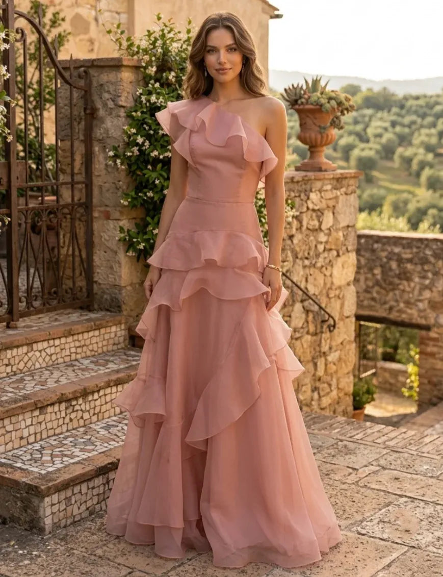 Loverlm dusty rose one shoulder floor length bridesmaid dress with layered ruffle skirt