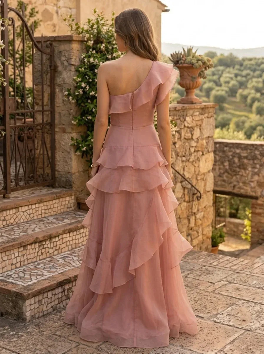 Romantic A-Line One Shoulder Sleeveless Zip Back Floor Length Evening Dress
