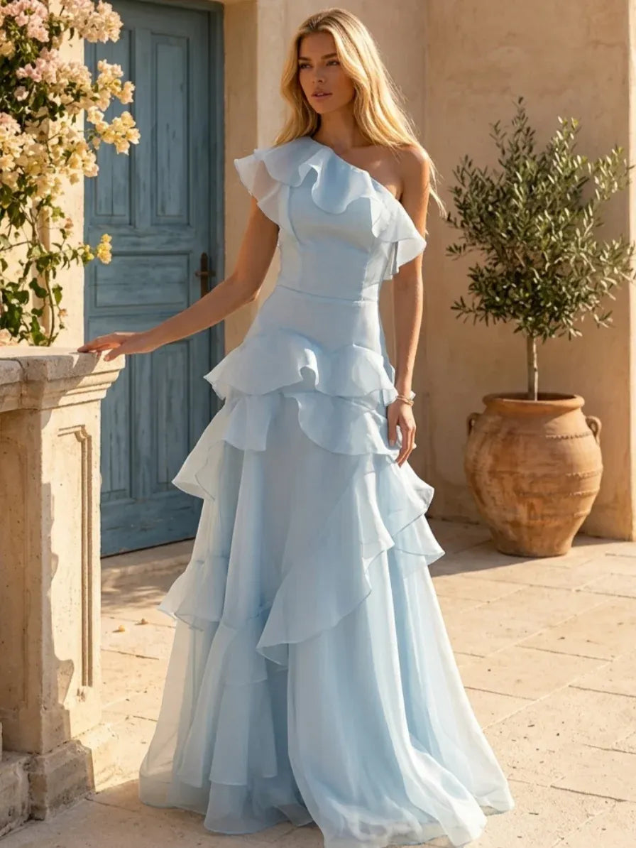 Romantic A-Line One Shoulder Sleeveless Zip Back Floor Length Evening Dress