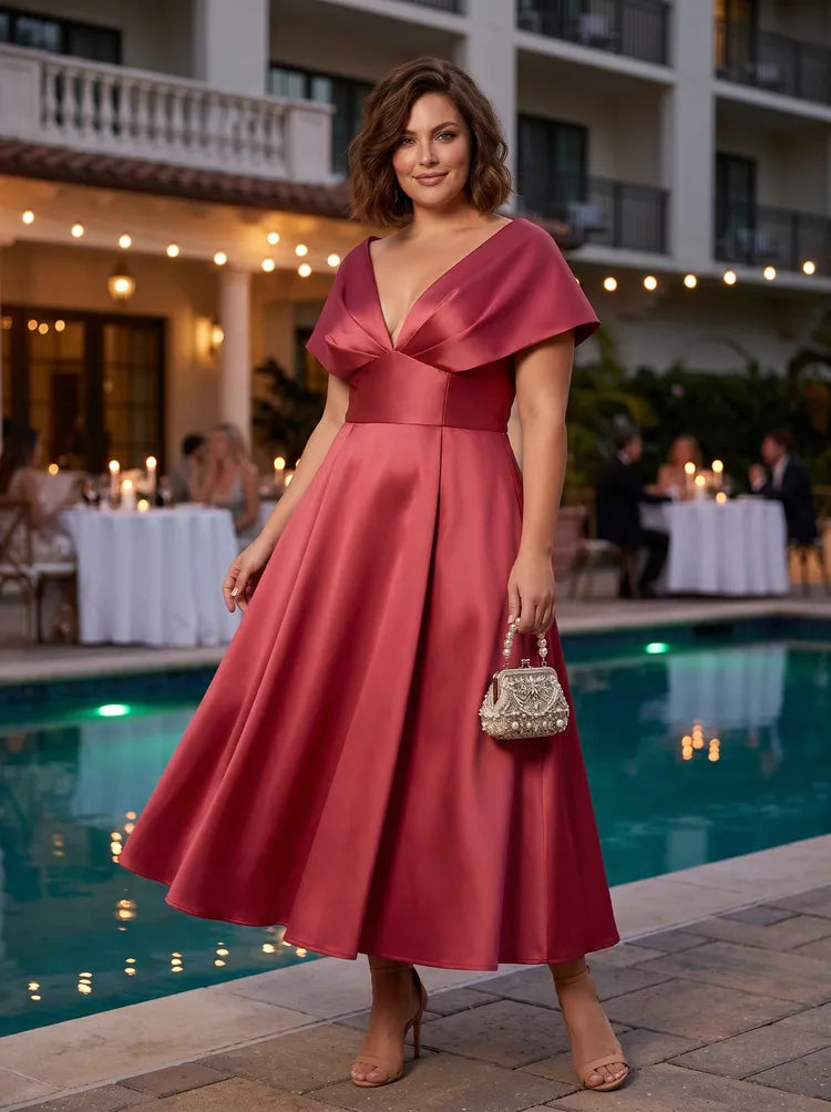 Loverlm dusty rose plus size satin wedding guest dress with deep V neckline, cape sleeves, fitted waistband and flared tea length skirt front view