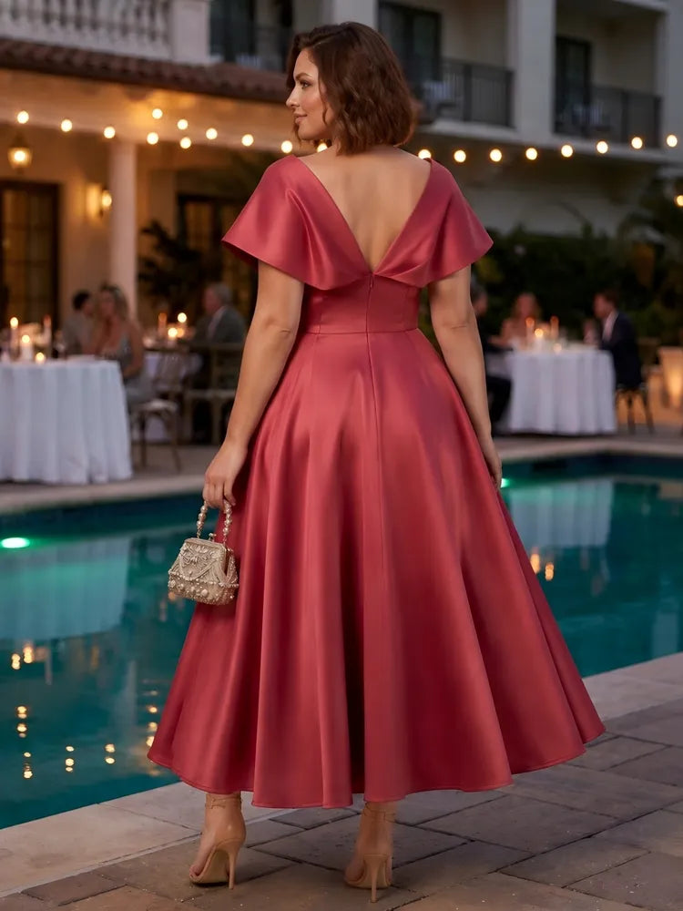 Elegant Plus Size A-Line V-Neck Cape Sleeve Satin Wedding Guest Dress