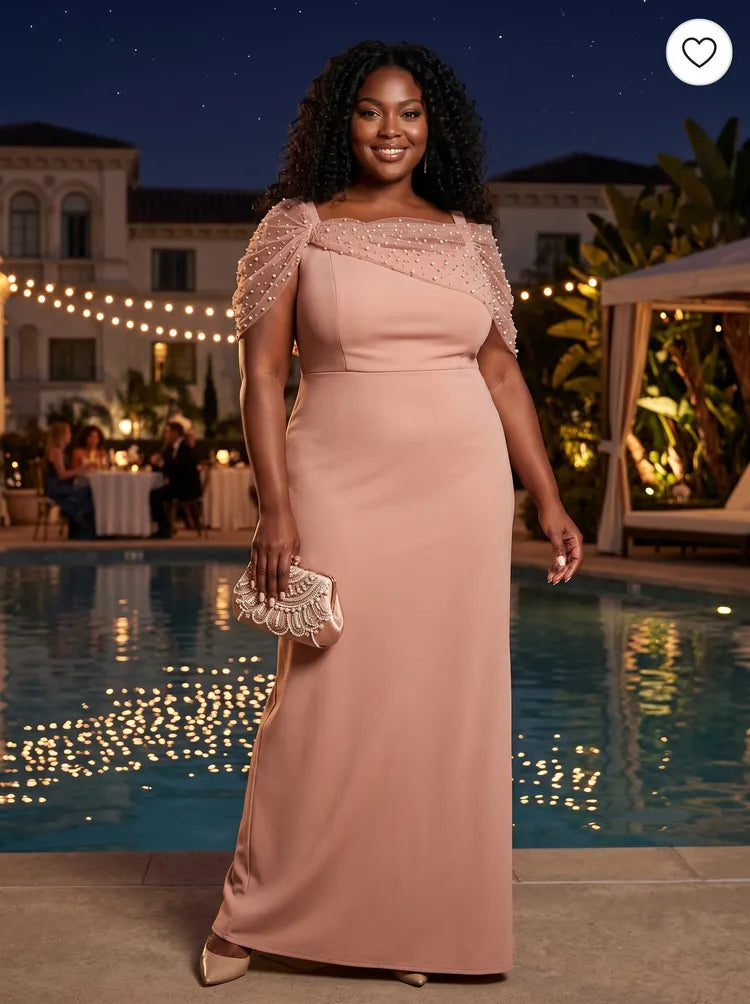 Loverlm dusty rose plus size evening dress front view featuring square neckline, pearl beaded sheer tulle draped sleeves and floor length sheath silhouette