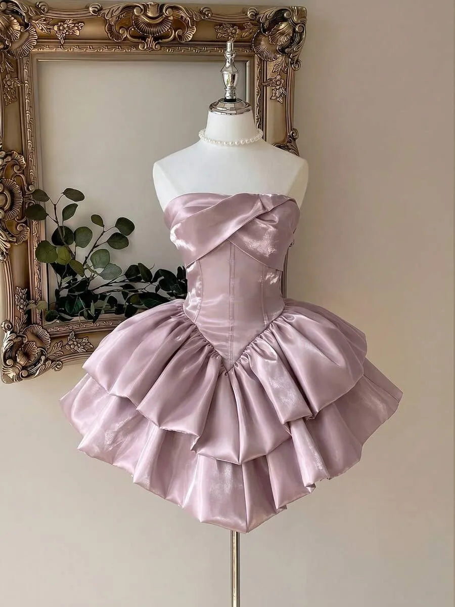 Loverlm dusty rose satin homecoming dress with sweetheart corset bodice and tiered ruffle skirt