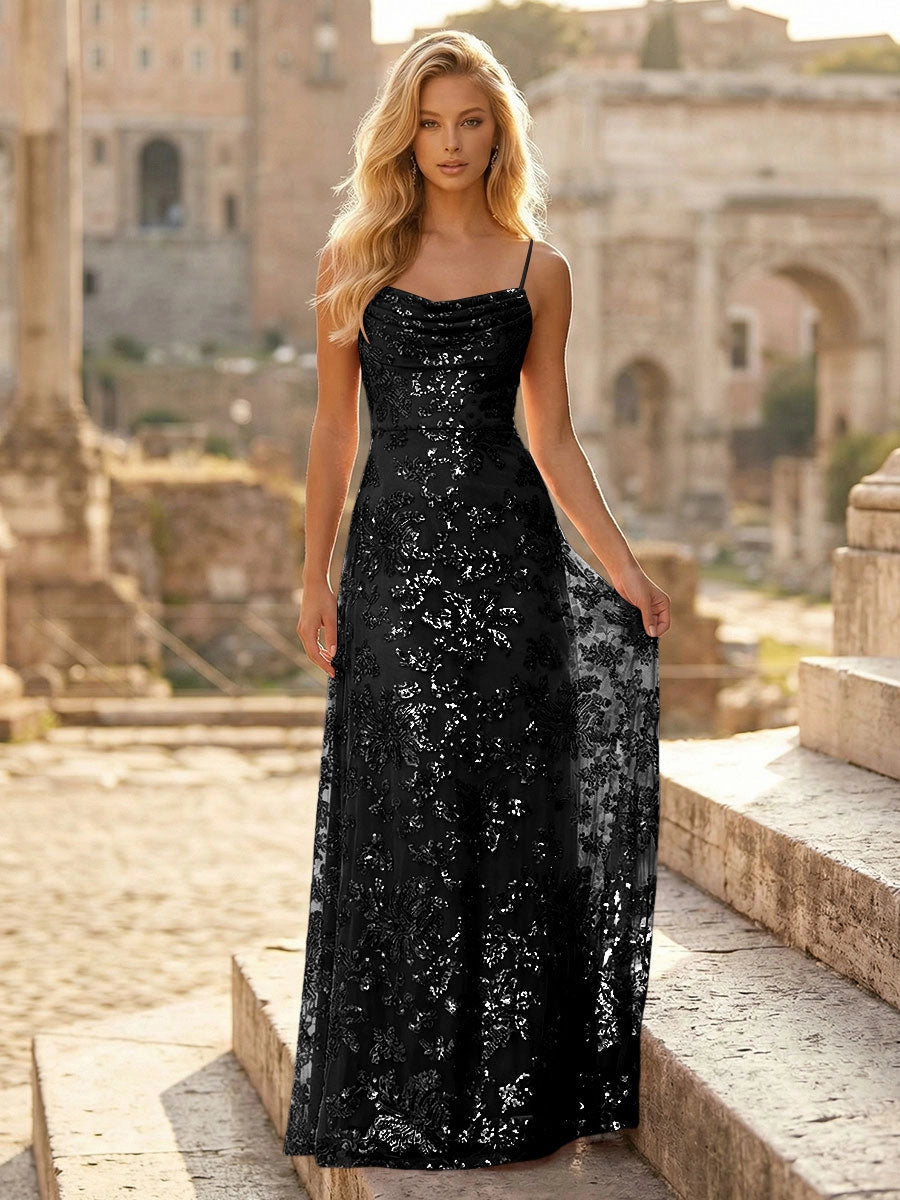 Romantic A-Line Cowl Neck Spaghetti Strap Straight Back Floor-Length Prom Dress
