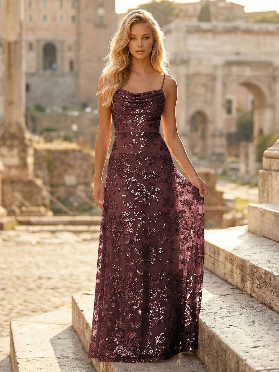 Romantic A-Line Cowl Neck Spaghetti Strap Straight Back Floor-Length Prom Dress