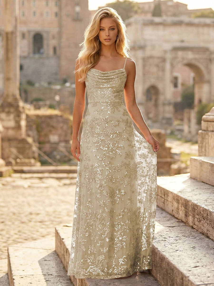 Romantic A-Line Cowl Neck Spaghetti Strap Straight Back Floor-Length Prom Dress