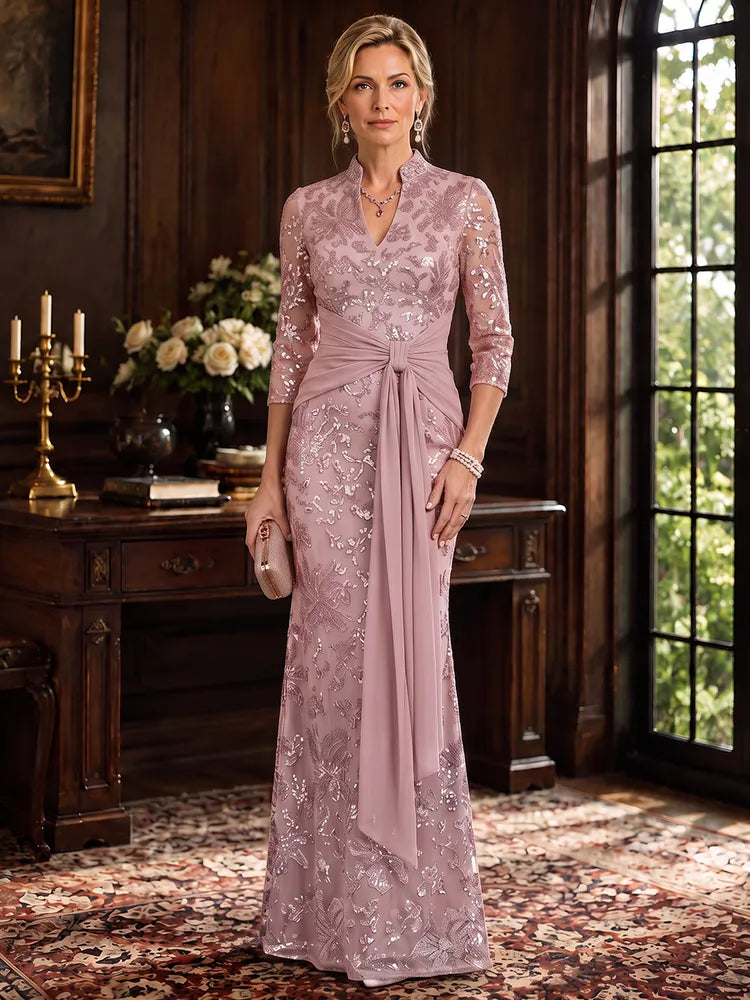 Loverlm dusty rose Mother of the Bride dress with mandarin neckline three-quarter sleeves floral sequins draped waist sash and floor-length skirt