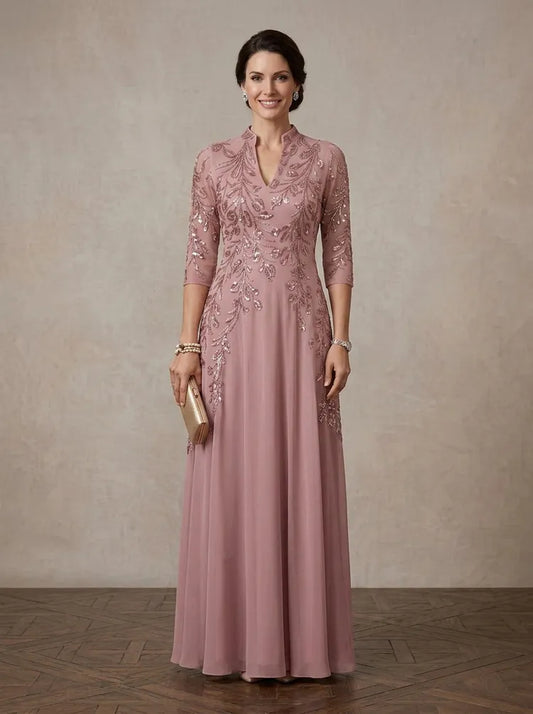 Loverlm dusty rose Mother of the Bride dress with mandarin neck three-quarter sleeves sequin embroidery and floor-length A-line skirt