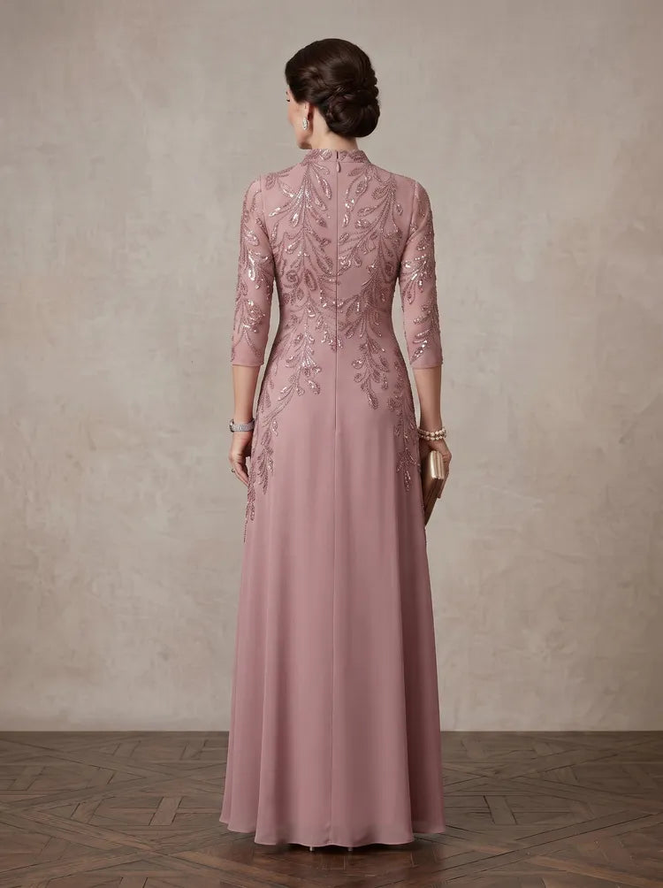 Elegant A-Line Mandarin-Neck Three-Quarter-Sleeve Sequin Floor-Length Mother of the Bride Dress