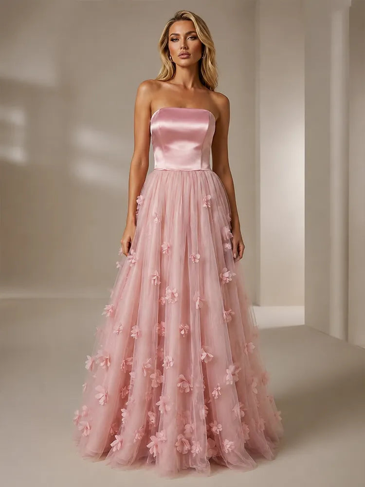 Front view of Loverlm dusty rose strapless A-line prom dress with a satin-look bodice, straight neckline and 3D floral tulle floor-length skirt