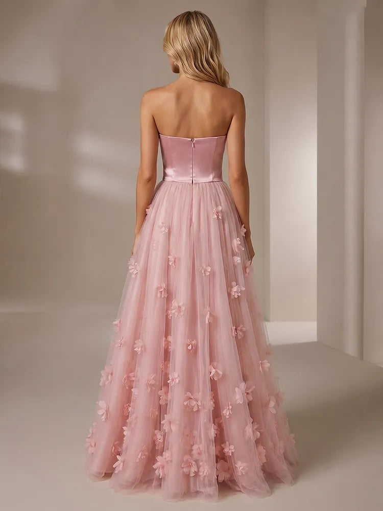 Romantic A Line Straight Neck Strapless Satin Tulle Long Prom Dress