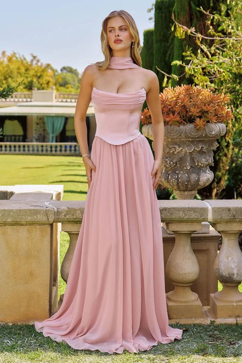 Loverlm dusty rose bridesmaid dress with strapless corset bodice matching scarf and flowing floor-length A-line skirt