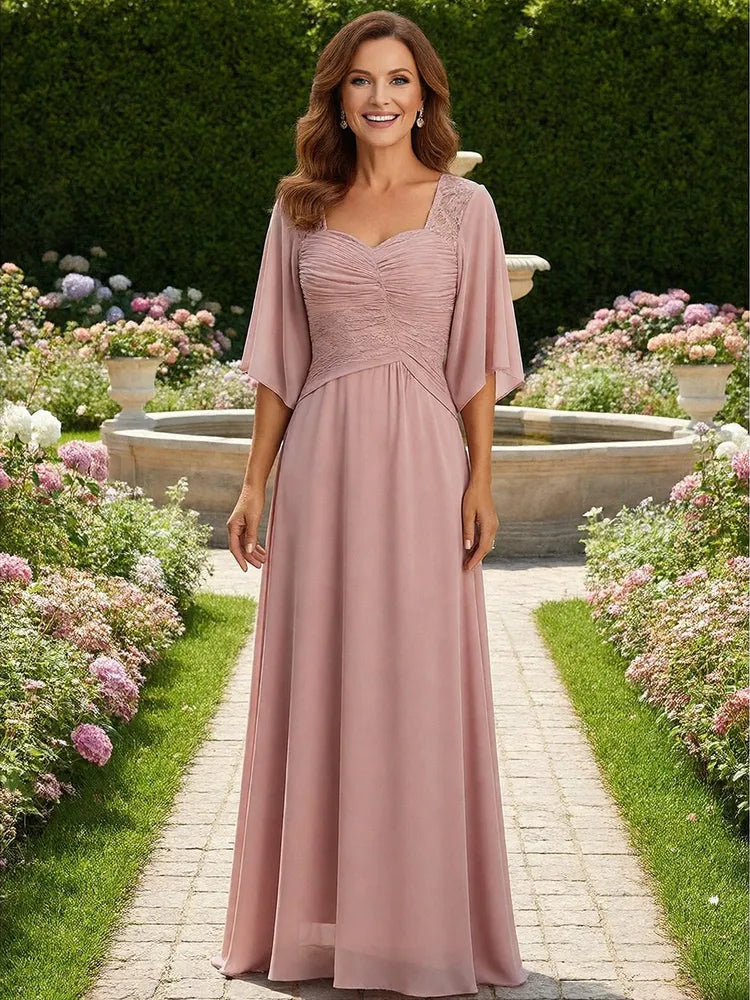 Loverlm dusty rose Mother of the Bride dress with sweetheart neckline lace shoulders cape sleeves ruched bodice and floor-length chiffon skirt