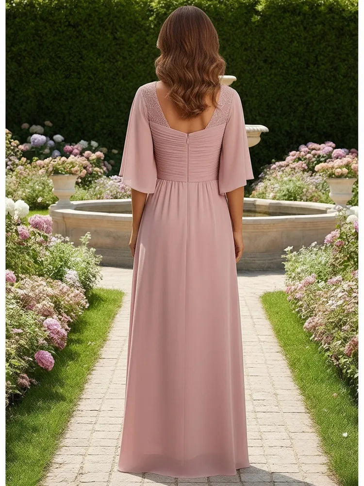 Elegant A-Line Sweetheart Cape-Sleeve Chiffon Floor-Length Mother of the Bride Dress