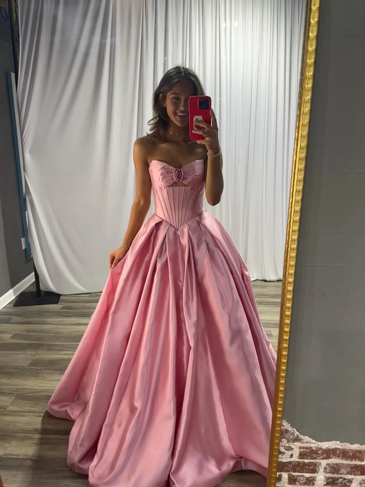 Loverlm dusty rose ball gown prom dress with strapless sweetheart corset bodice rosette detail and full satin floor-length skirt