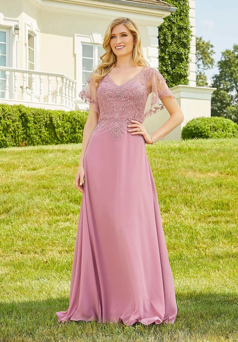Loverlm dusty rose mother of the bride dress with V-neck lace bodice flutter sleeves and flowing floor-length A-line skirt