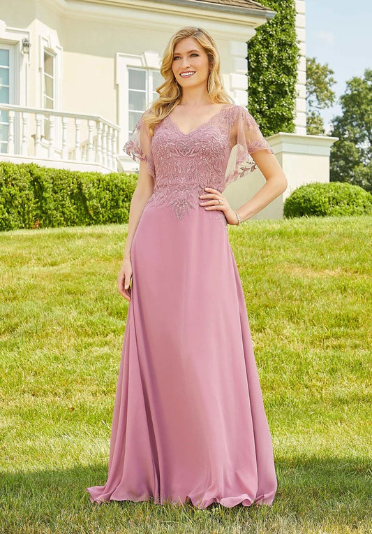 Loverlm dusty rose mother of the bride dress with V-neck lace bodice flutter sleeves and flowing floor-length A-line skirt
