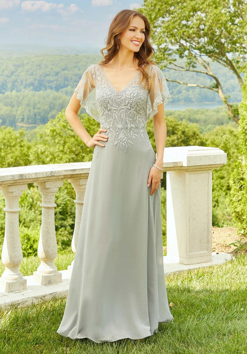 Elegant A-Line V-Neck Flutter-Sleeve V-Back Floor-Length Mother Dress