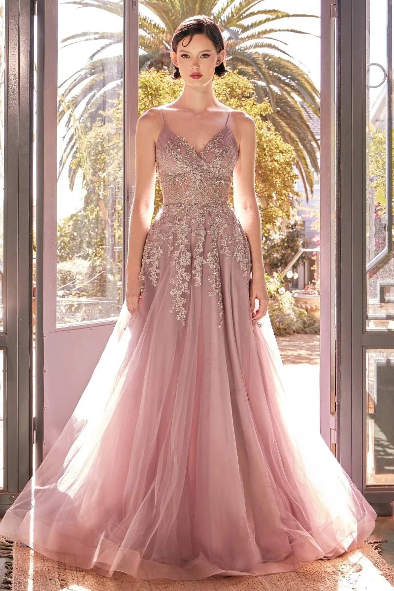 Loverlm dusty rose A-line prom dress with V-neck spaghetti straps embellished bodice and soft floor-length tulle skirt