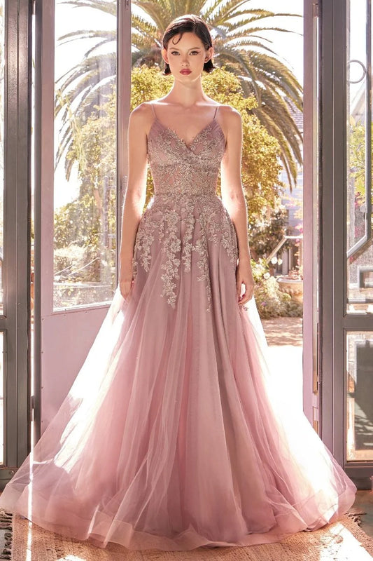 Loverlm dusty rose A-line prom dress with V-neck spaghetti straps embellished bodice and soft floor-length tulle skirt