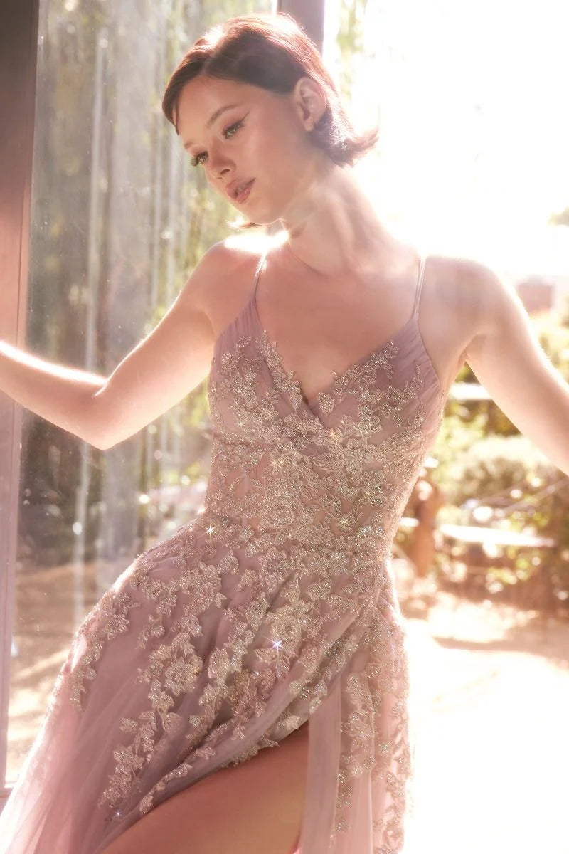Romantic A-Line V-Neck Spaghetti-Strap Lace-Up Floor-Length Prom Dress
