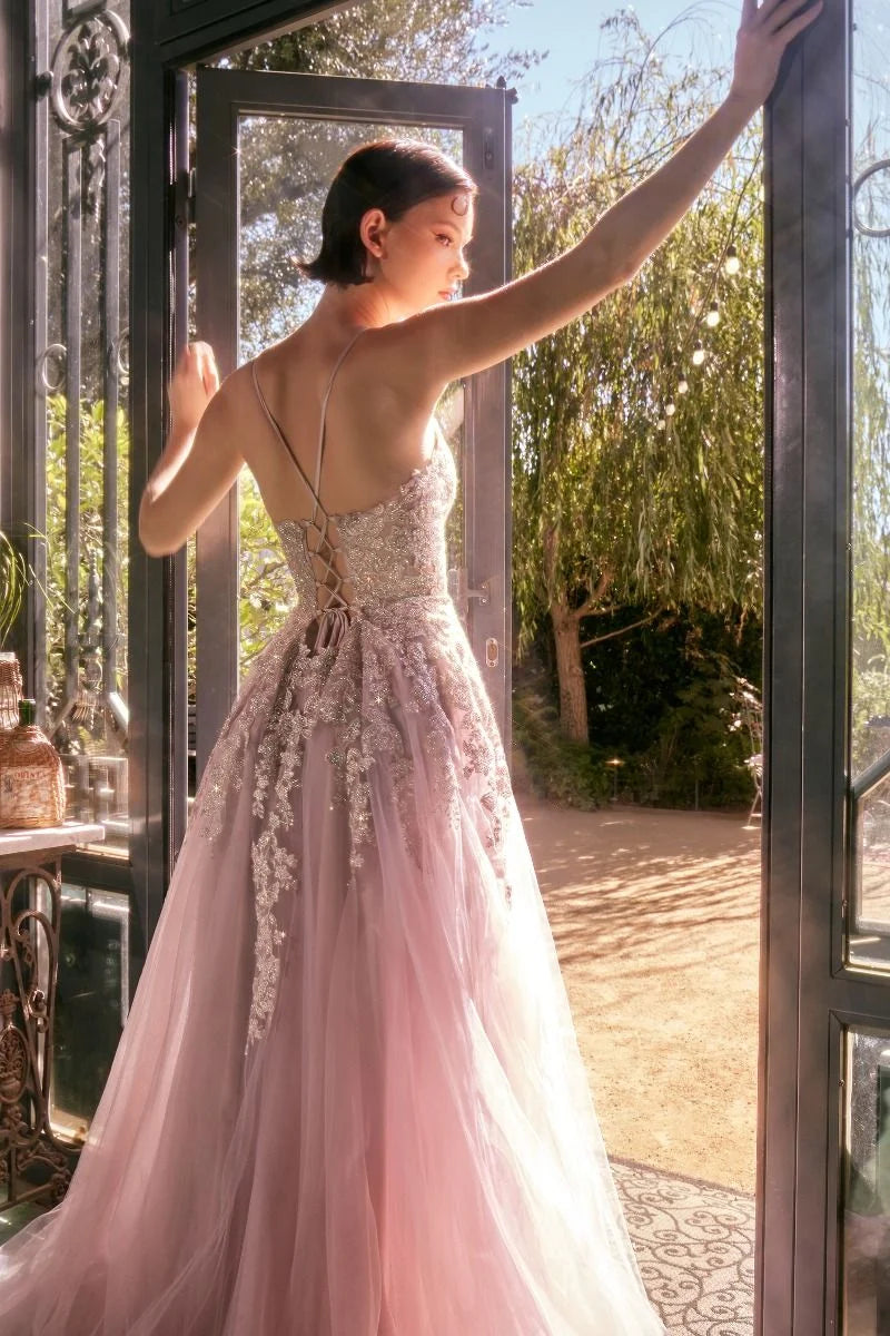 Romantic A-Line V-Neck Spaghetti-Strap Lace-Up Floor-Length Prom Dress