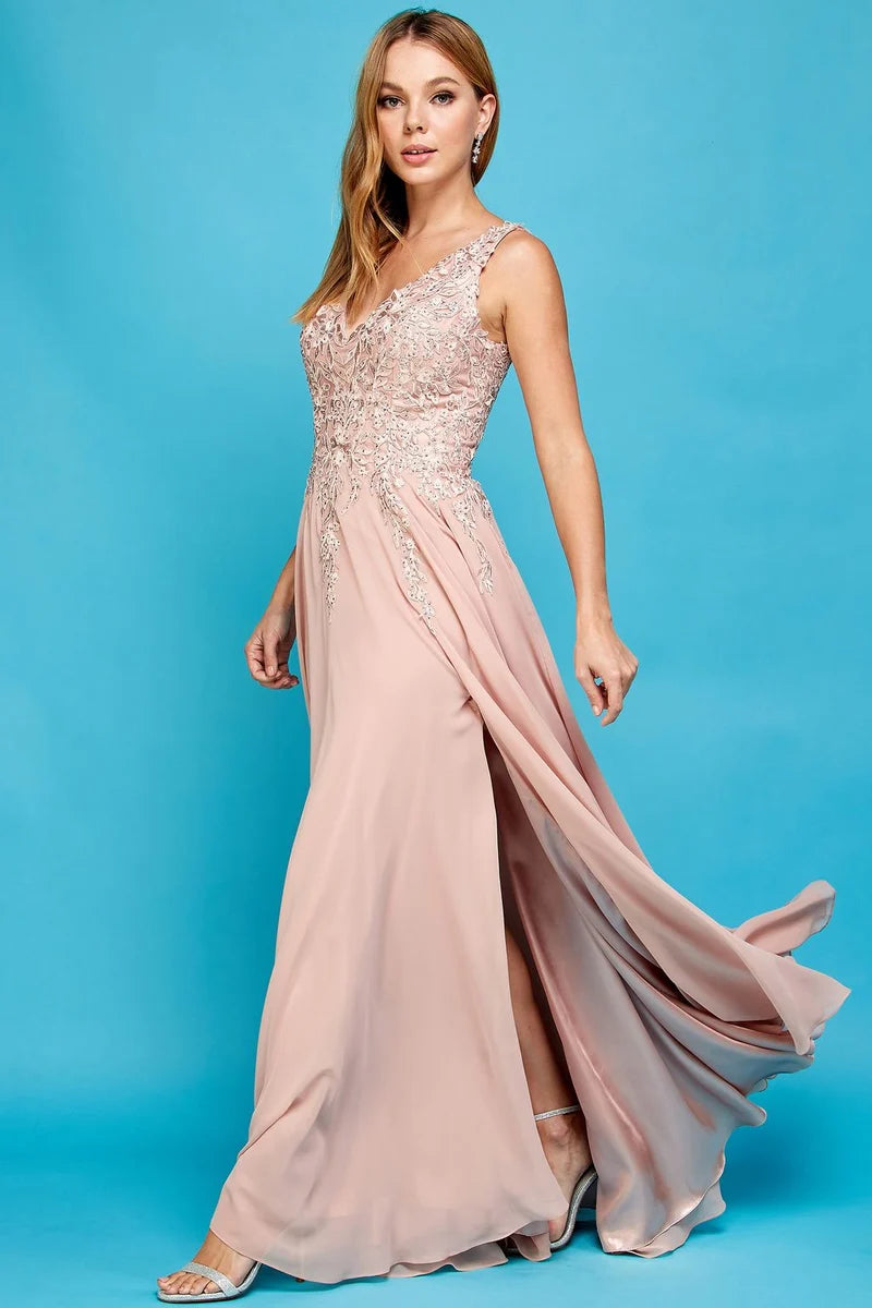 Loverlm dusty rose A-line bridesmaid dress with V-neck embellished lace bodice front slit and flowing floor-length chiffon skirt