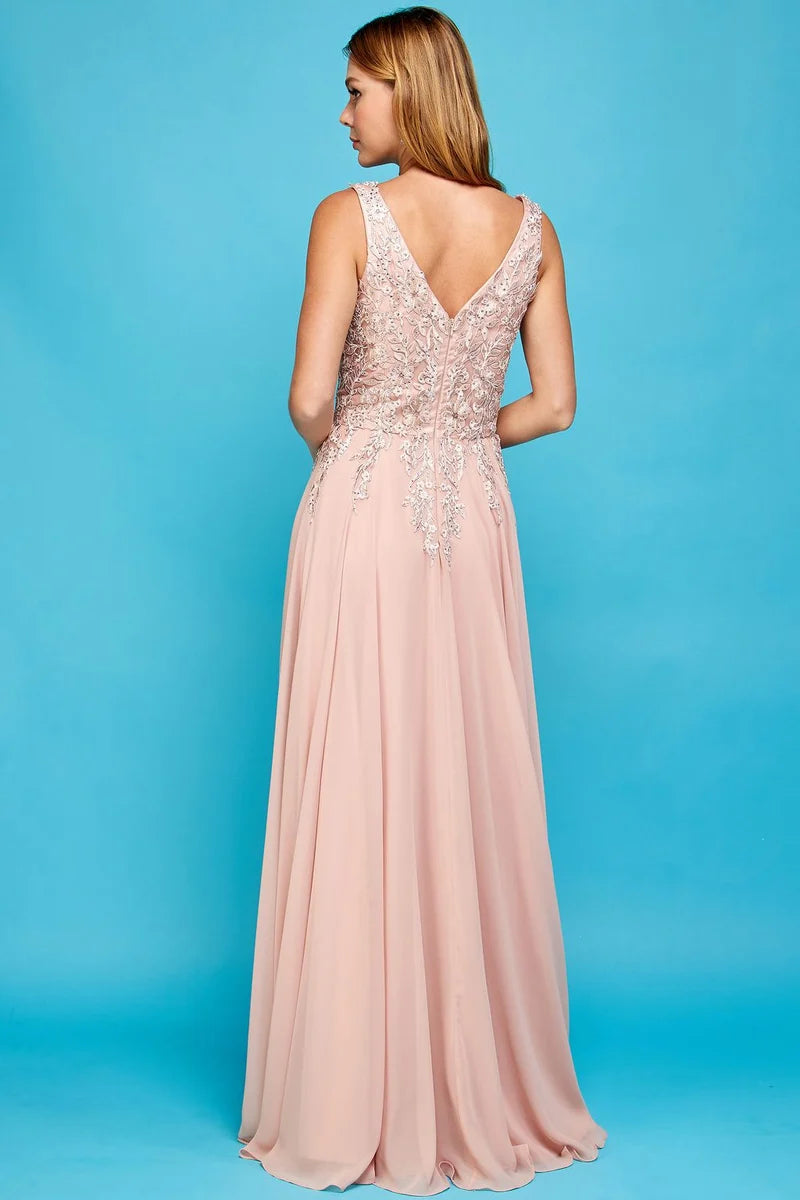 Elegant Beaded A-Line V-Neck Sleeveless V-Back Floor-Length Wedding Guest Dress
