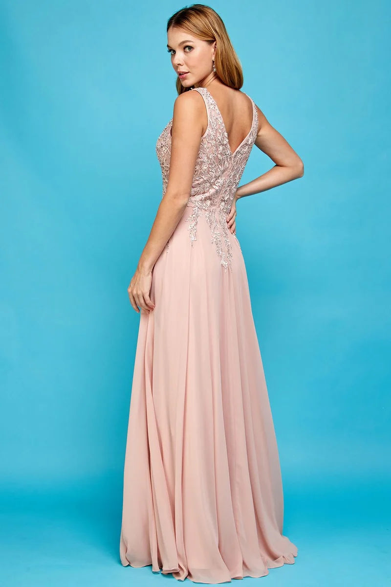 Elegant Beaded A-Line V-Neck Sleeveless V-Back Floor-Length Wedding Guest Dress