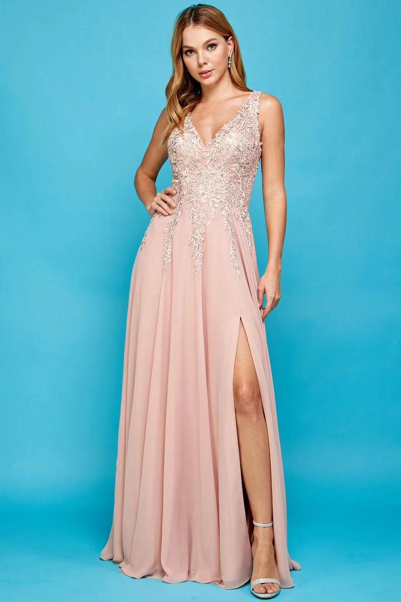 Elegant Beaded A-Line V-Neck Sleeveless V-Back Floor-Length Wedding Guest Dress