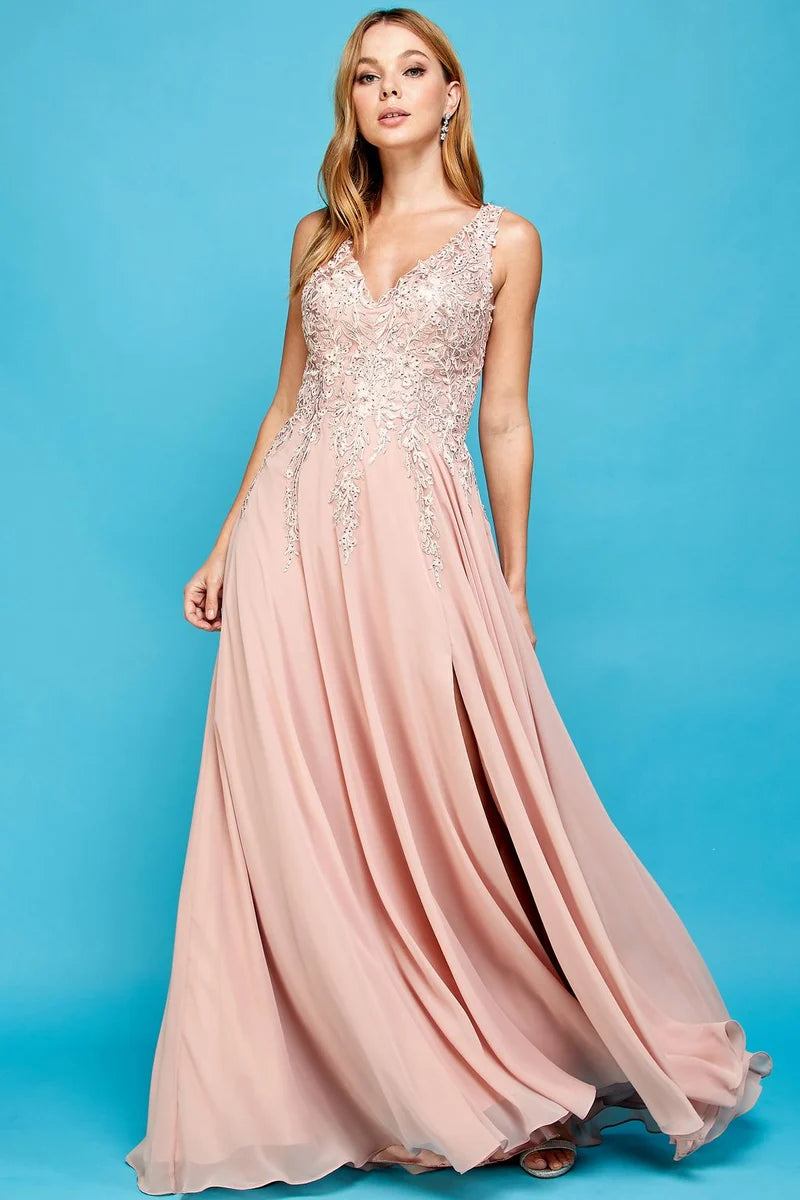 Elegant Beaded A-Line V-Neck Sleeveless V-Back Floor-Length Wedding Guest Dress