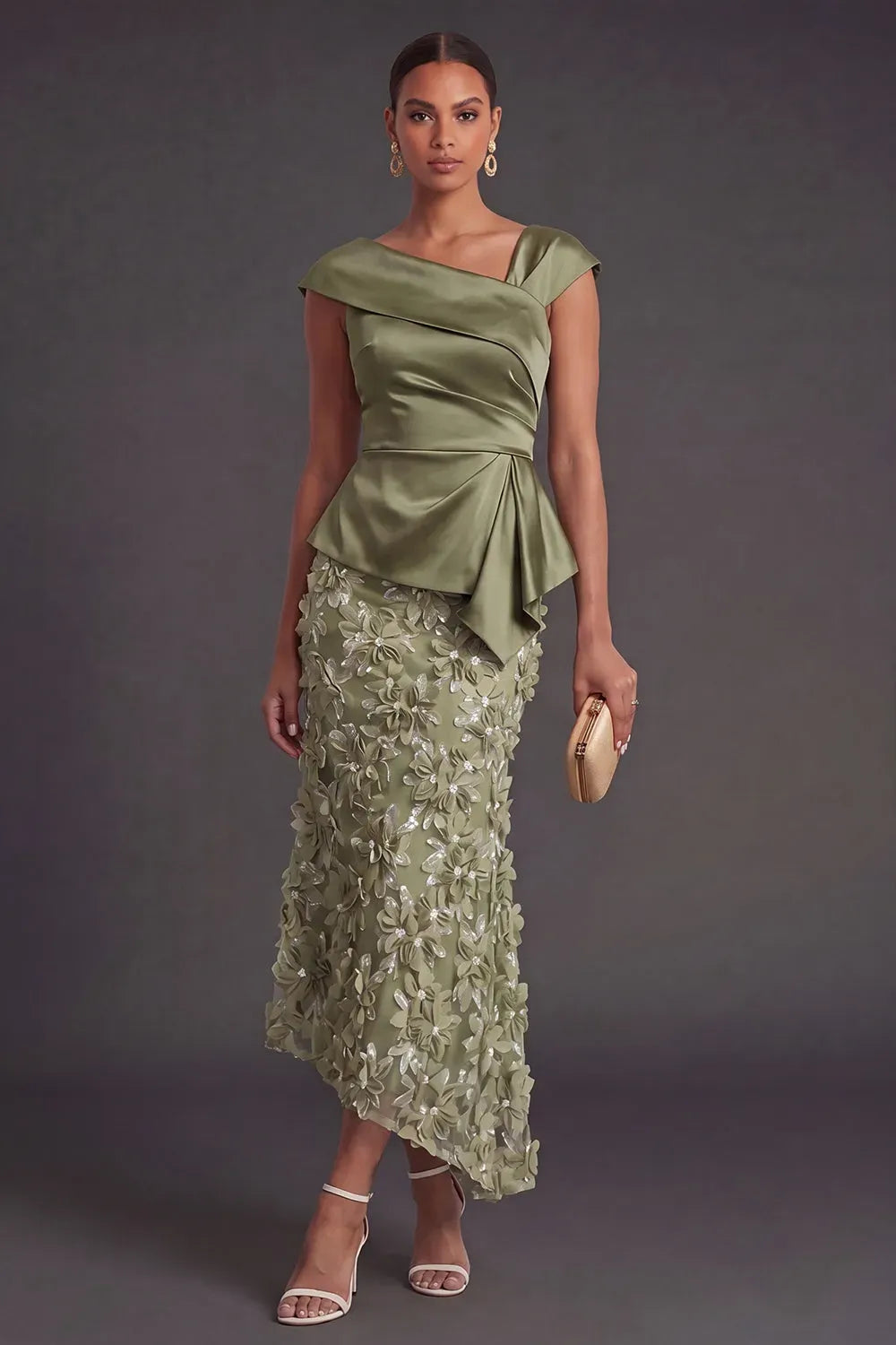 Loverlm dusty sage Mother of the Bride Dress with asymmetric neckline, cap sleeves, satin-look peplum bodice and floral lace A-line skirt
