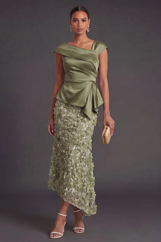 Loverlm dusty sage Mother of the Bride Dress with asymmetric neckline, cap sleeves, satin-look peplum bodice and floral lace A-line skirt