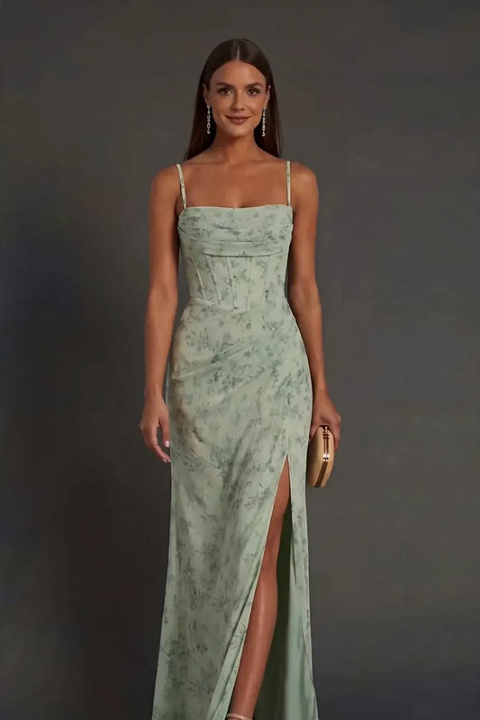 Dusty sage floral A-line wedding guest dress with square neckline, corset bodice, draped waist and front slit - Loverlm