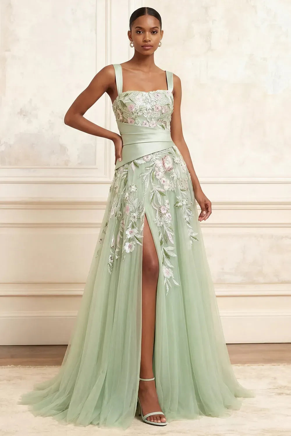 Loverlm dusty sage floral A-line prom dress with square neckline, embroidered bodice, asymmetrical waistband and front slit, front view