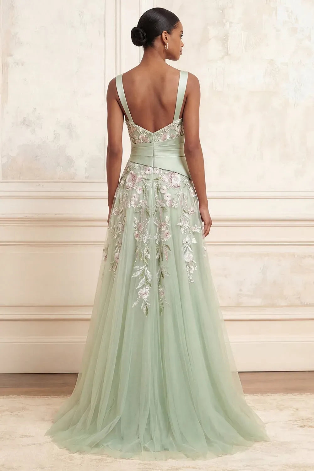 Romantic Floral A-Line Square-Neck Sleeveless V-Back Floor-Length Prom Dress