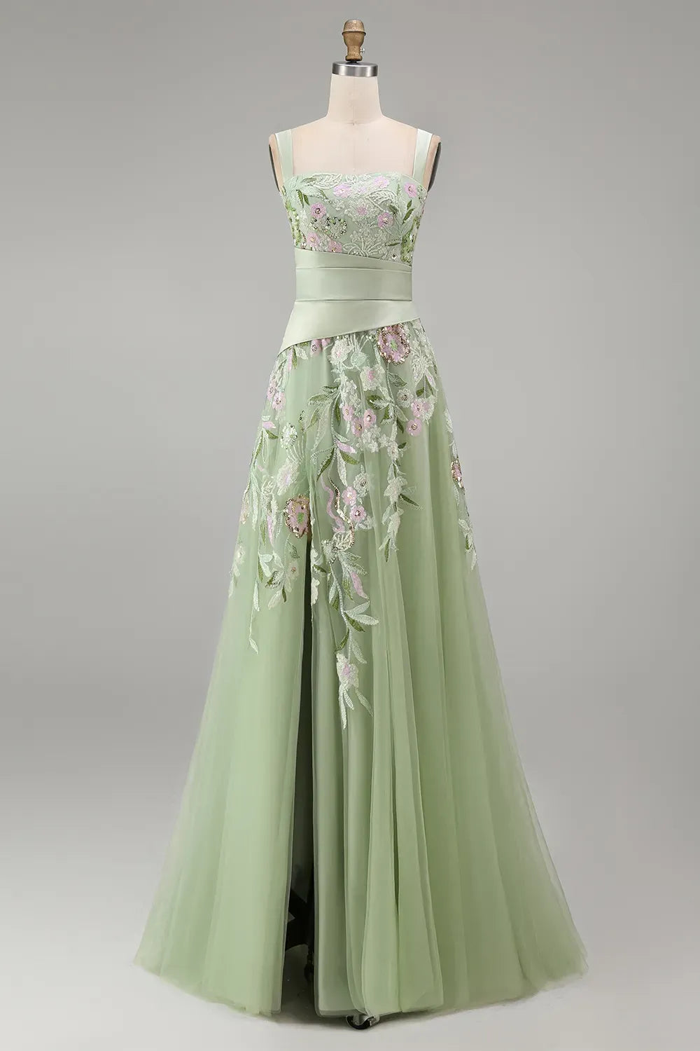 Romantic Floral A-Line Square-Neck Sleeveless V-Back Floor-Length Prom Dress