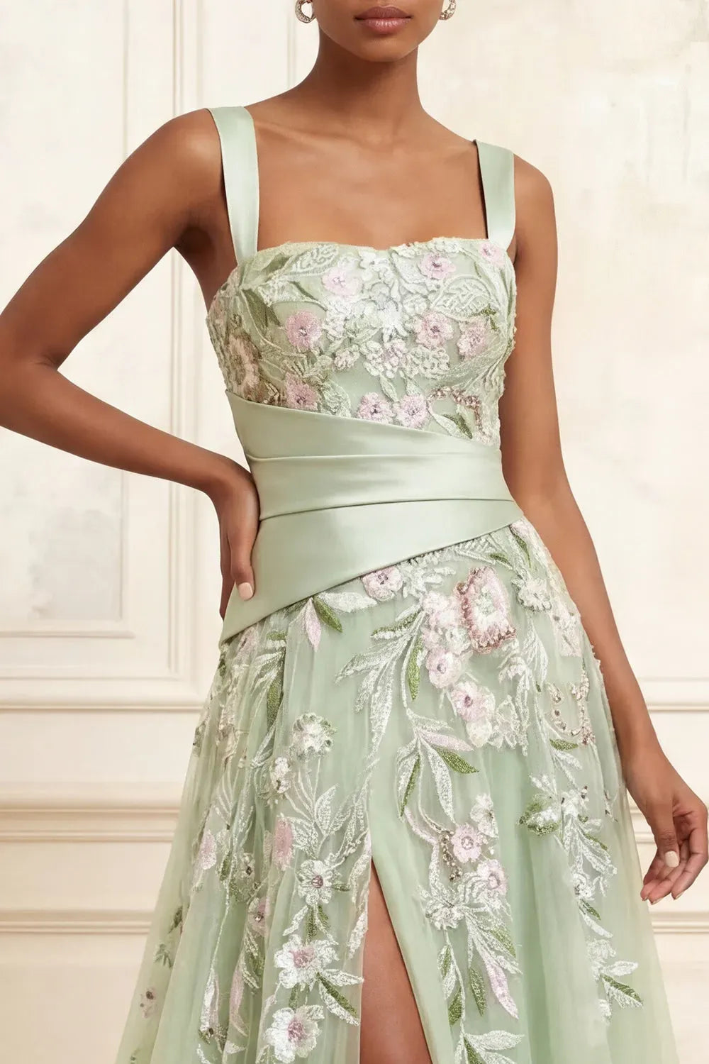 Romantic Floral A-Line Square-Neck Sleeveless V-Back Floor-Length Prom Dress