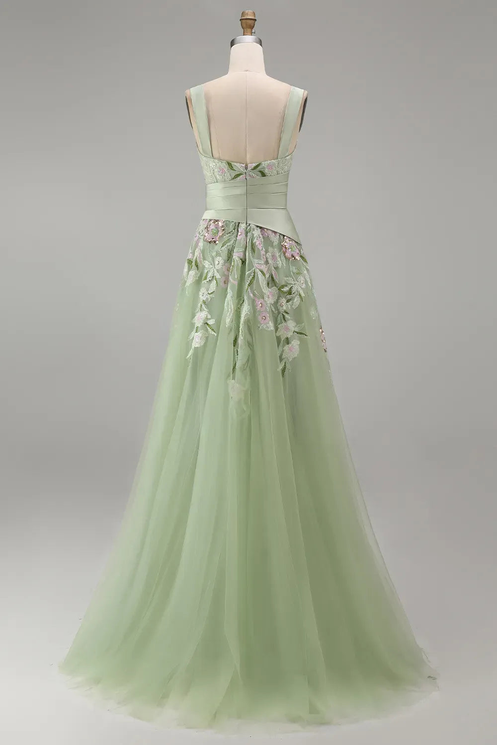 Romantic Floral A-Line Square-Neck Sleeveless V-Back Floor-Length Prom Dress