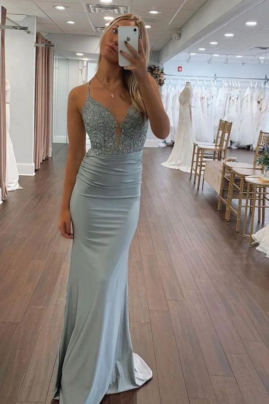 Loverlm dusty sage green prom dress with a sparkling plunging bodice, spaghetti straps, ruched satin skirt and softly flared hem.