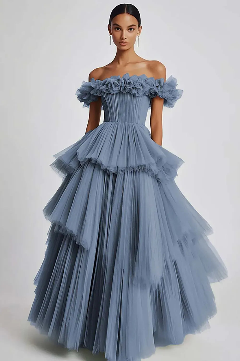 Romantic Ball Gown Off Shoulder Ruffled Zipper Tiered Floor Length Prom Dress