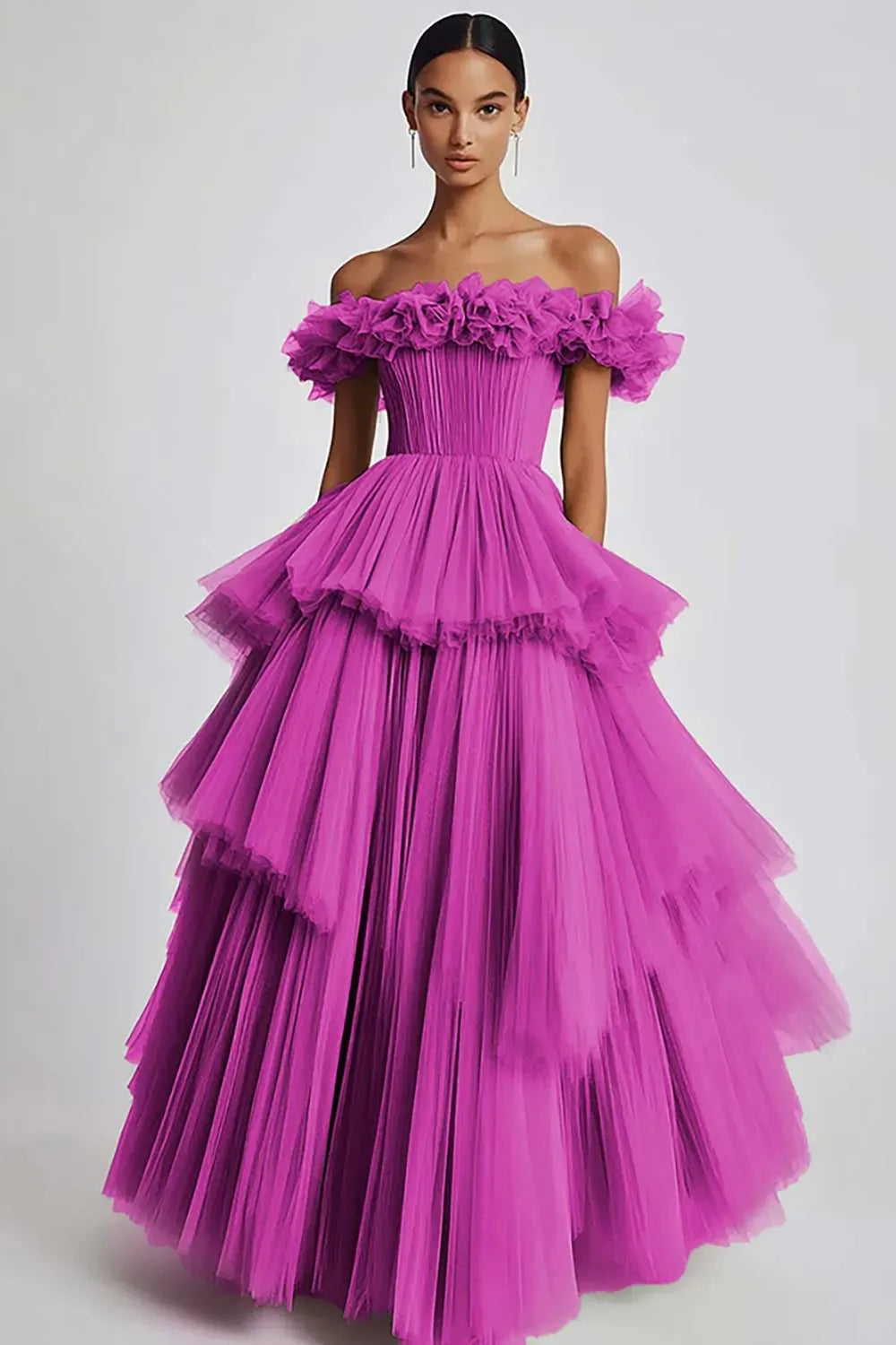 Romantic Ball Gown Off Shoulder Ruffled Zipper Tiered Floor Length Prom Dress
