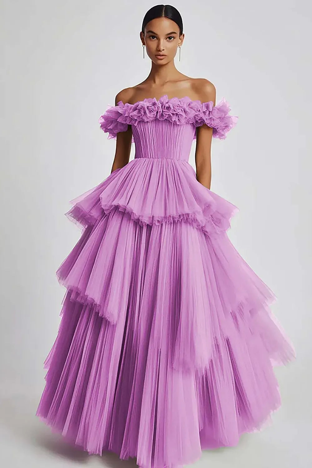 Romantic Ball Gown Off Shoulder Ruffled Zipper Tiered Floor Length Prom Dress