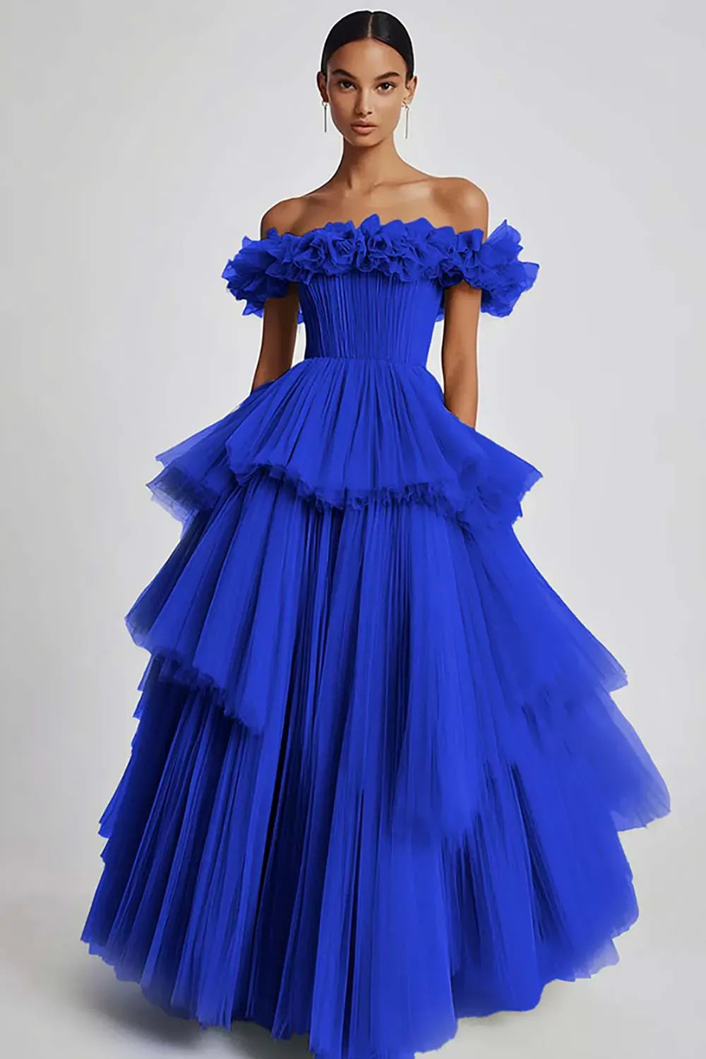 Romantic Ball Gown Off Shoulder Ruffled Zipper Tiered Floor Length Prom Dress