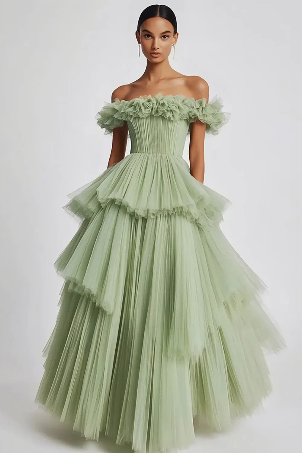 Loverlm dusty sage prom dress with off shoulder ruffled neckline, pleated bodice and voluminous tiered tulle ball gown skirt